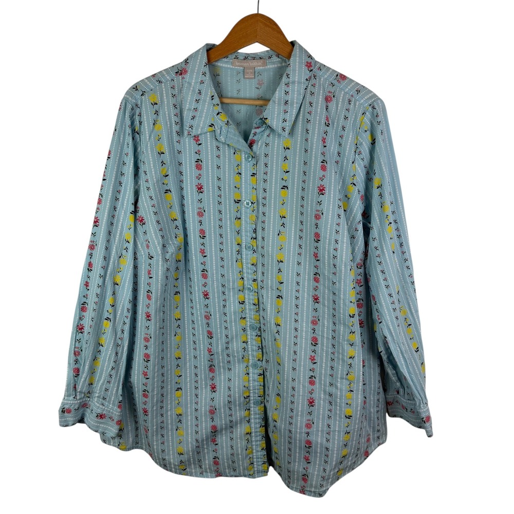 Woman Within Floral Striped Button Up Shirt Size 22/24 Blue Cottage Relaxed Boho